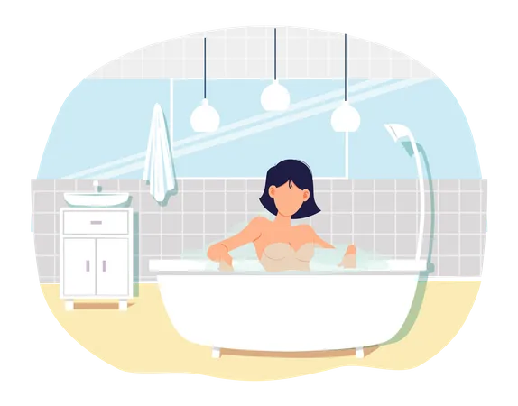 Naked woman sitting in bathtub with hot water in home sauna  일러스트레이션