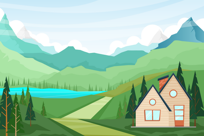 Nature landscape scenery of house and pine tree  Illustration