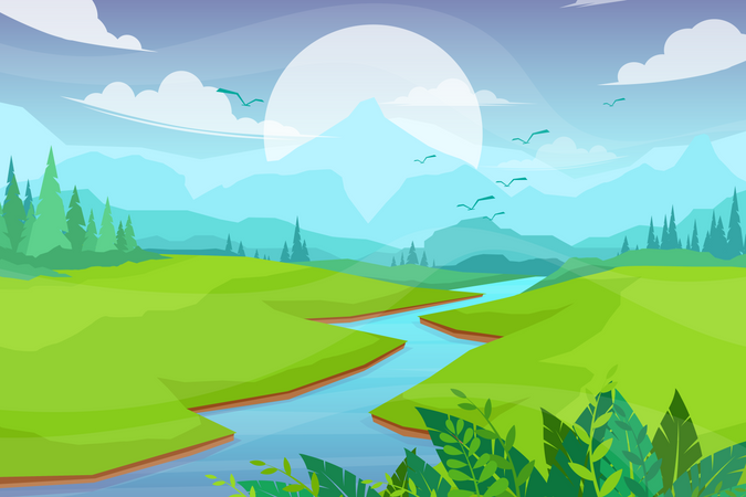 Nature scene with river and hills  イラスト