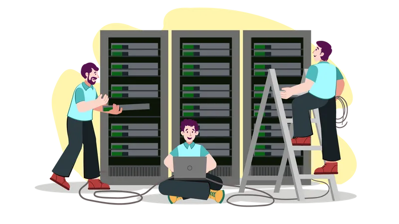 Netzwerktechniker arbeiten am Datenbankserver  Illustration