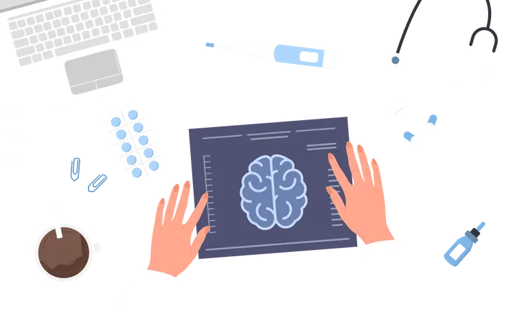 Neurólogo examina resultados de resonancia magnética  Ilustración