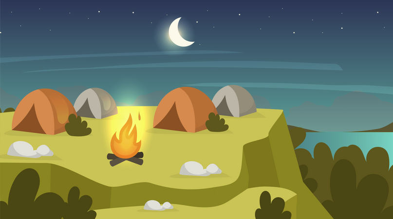 Night scene with campfire and tents  Illustration