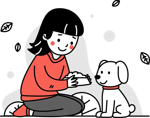 Niña alimentando perro  Ilustración