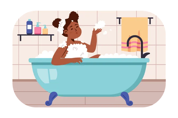 Niña africana tomando un baño  Ilustración