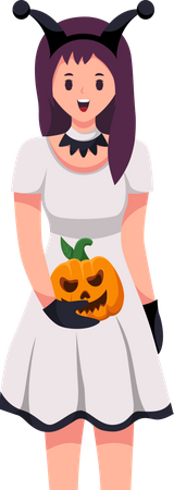 Niña disfrazada de Halloween con calabaza  Ilustración