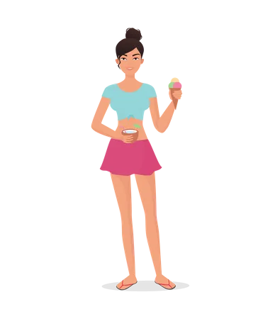 Chica disfrutando de un helado en la playa  Ilustración