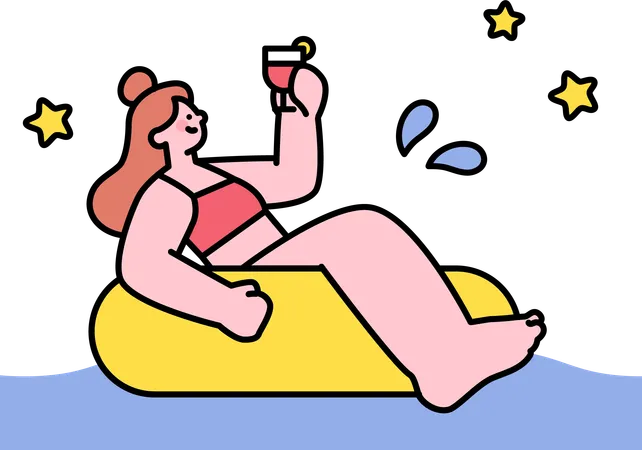 Chica disfrutando de una bebida de verano en la piscina  Ilustración