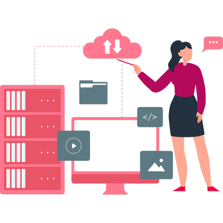 La chica apunta a la transferencia de datos.  Ilustración