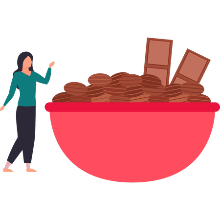 La chica está mirando un plato de frijoles choco.  Ilustración