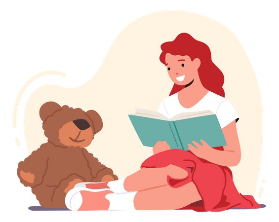 Niña leyendo un libro mientras está sentada con un osito de peluche  Ilustración