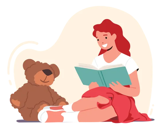 Niña leyendo un libro mientras está sentada con un osito de peluche  Ilustración