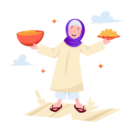 Chica musulmana sosteniendo plato de comida Eid  Ilustración