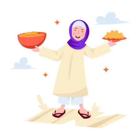 Chica musulmana sosteniendo plato de comida Eid  Ilustración