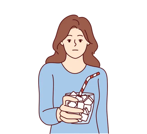 Una chica sin emociones sostiene un vaso lleno de azúcar con paja que simboliza una nutrición poco saludable  Ilustración