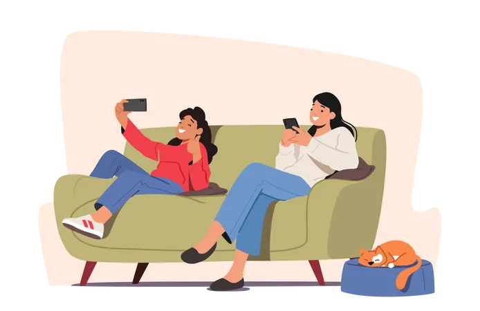 Niña y madre chateando en línea usan teléfonos inteligentes  Ilustración