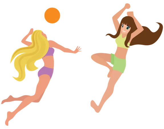 Niñas jugando voleibol en la playa  Ilustración