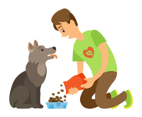 Niño alimentando perro  Ilustración