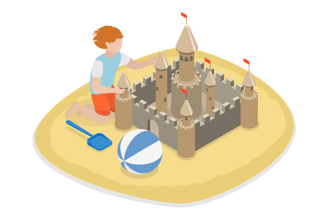 Niño construyendo castillo de arena  Ilustración