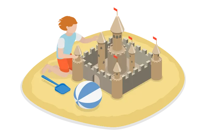 Niño construyendo castillo de arena  Ilustración