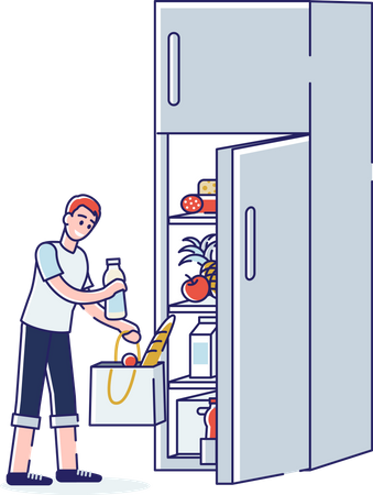 Niño poniendo productos en el refrigerador  Ilustración