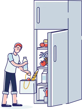 Niño poniendo productos en el refrigerador  Ilustración