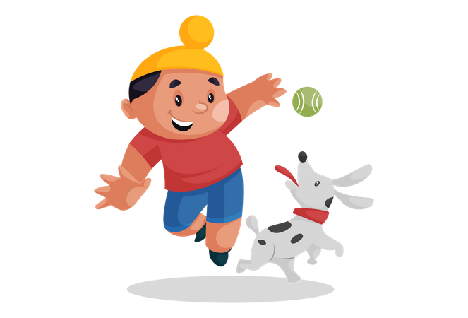 Niño punjabí jugando a la pelota con su perro  Ilustración