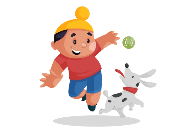 Niño punjabí jugando a la pelota con su perro  Ilustración