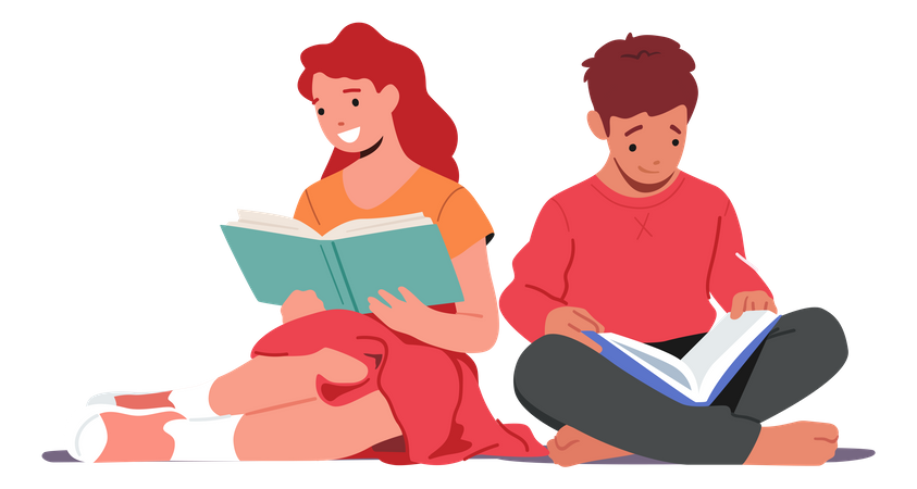 Niño y niña leyendo libros juntos  Ilustración