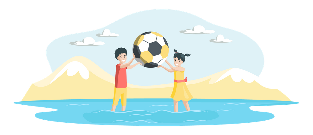 Niños felices jugando pelota de playa en la playa  Ilustración