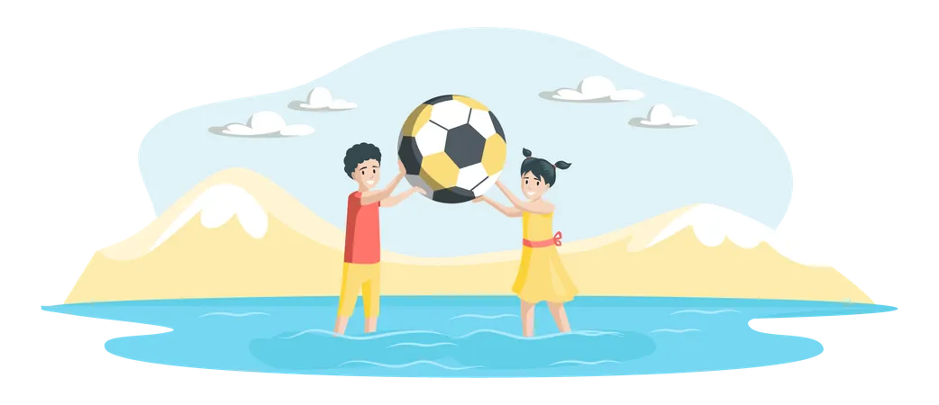 Niños felices jugando pelota de playa en la playa  Ilustración