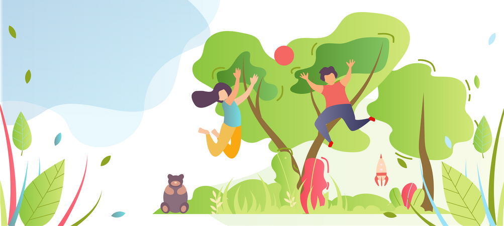 Niños jugando en el jardín.  Ilustración