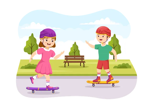 Niños montando patineta  Ilustración