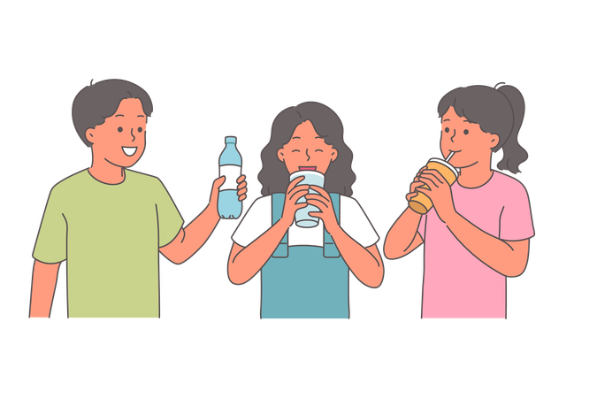 Los niños pequeños beben agua y limonada para refrescarse después de caminar en el clima de verano.  Ilustración