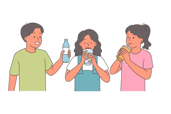 Los niños pequeños beben agua y limonada para refrescarse después de caminar en el clima de verano.  Ilustración