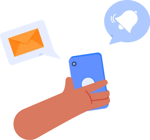 Notificación de mensaje con la mano sosteniendo el teléfono inteligente  Ilustración