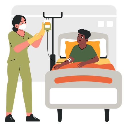 Nurse changing IV drip of patient at hospital  Illustration