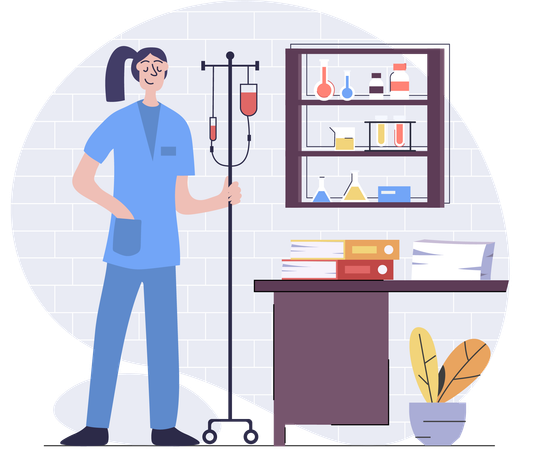 Nurse holding IV drip stand  Illustration