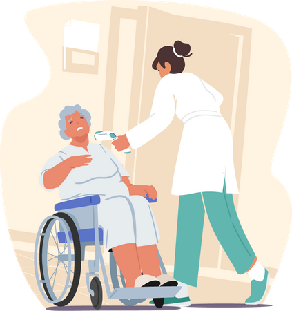 Nurse or Doctor Measuring Temperature to Elderly Woman Sitting at Wheelchair with Distant Thermometer during Coronavirus  Illustration