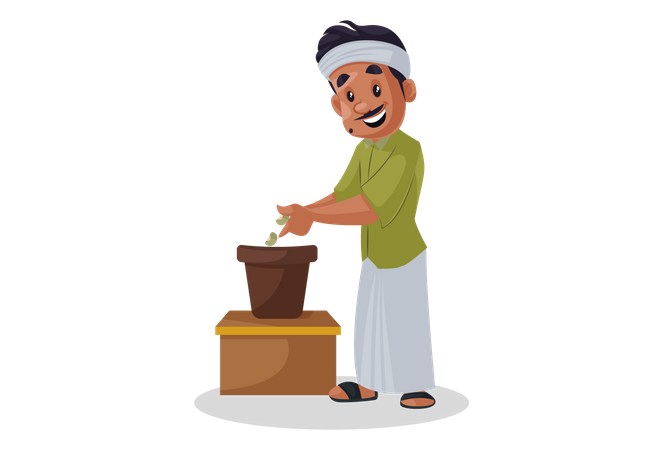 Nursery man putting seed in to pot  Illustration