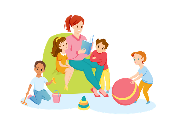 Nursery teacher with kids  Illustration