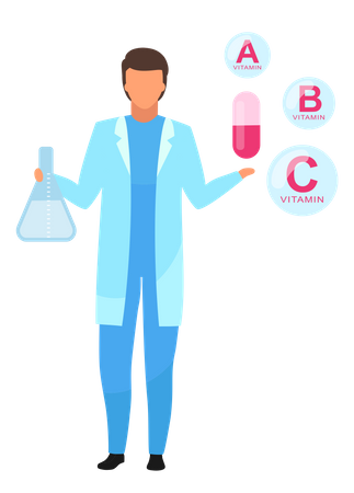 Nutricionista explicando componentes de vitaminas sintéticas  Ilustração