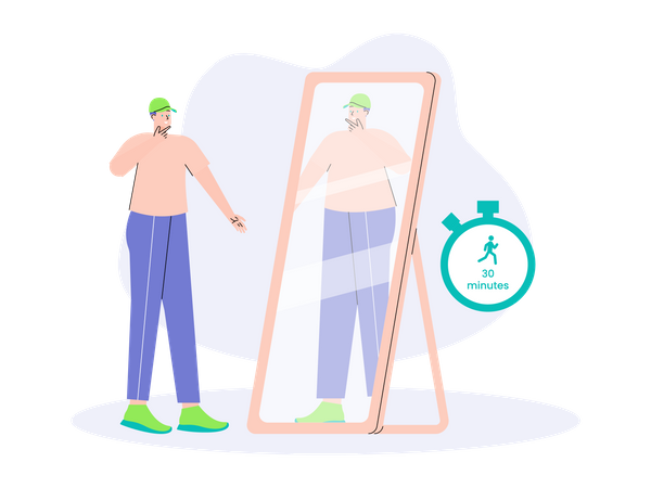 Obese man feeling sad while looking at mirror  イラスト