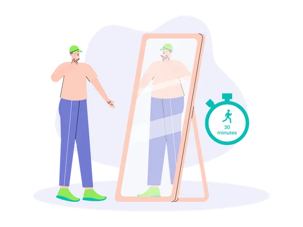 Obese man feeling sad while looking at mirror  イラスト