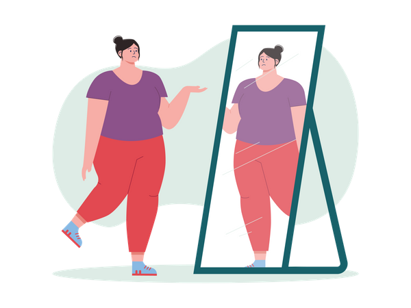 Obese woman feeling sad while looking at mirror  イラスト