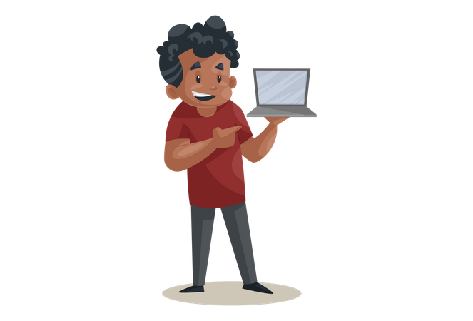 Office boy is holding a laptop in hand  Illustration