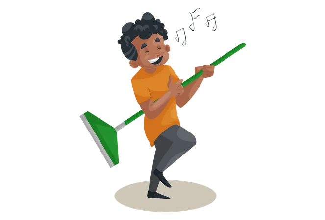 Office boy is singing song and holding wiper in hand as guitar  Illustration