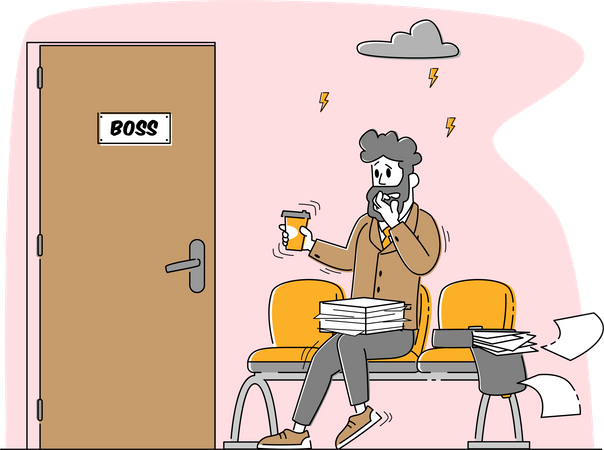 Office Manager Sitting front of Door to Boss Cabinet Sweating and Feeling Fear  イラスト