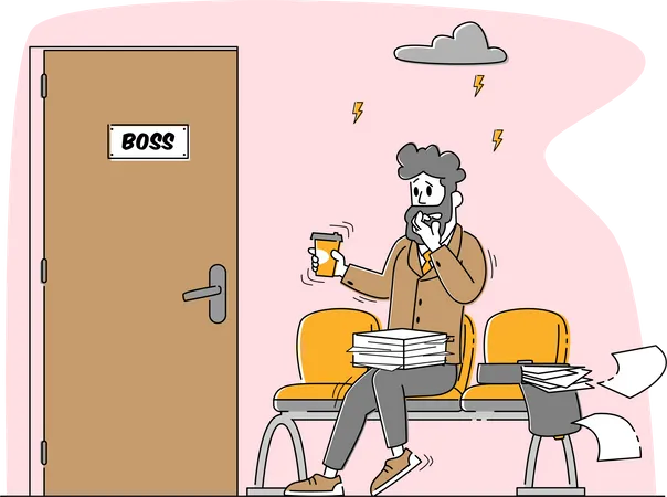 Office Manager Sitting front of Door to Boss Cabinet Sweating and Feeling Fear  イラスト