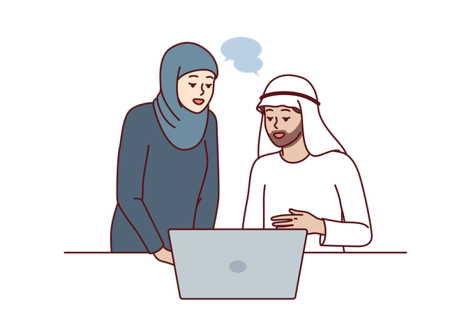 Office workers in arabic clothing discussing business presentation  Illustration