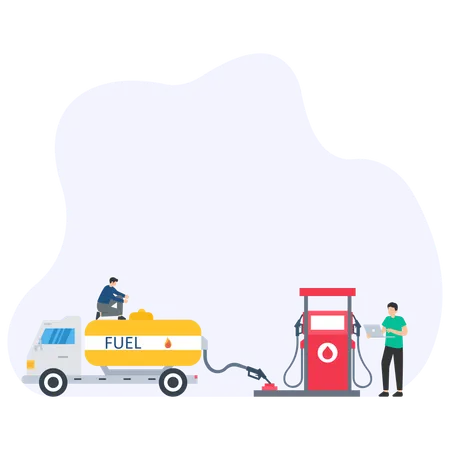 Oil tanker depositing fuel at gas station  Illustration